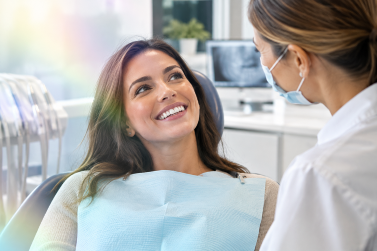 smiling woman in a dental chair