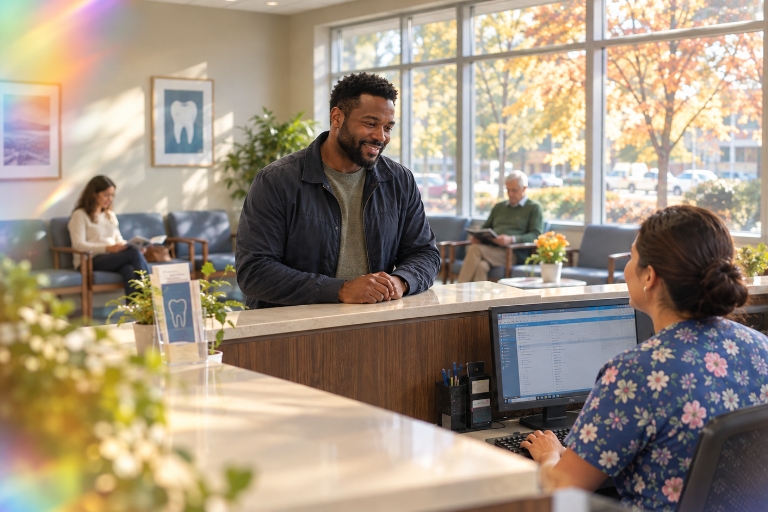 A man speaking to the receptionist at a dental office.